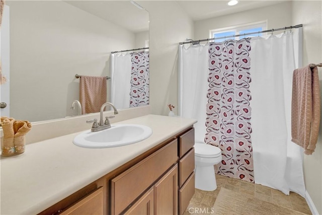 full bathroom with vanity, toilet, and shower / bathtub combination with curtain