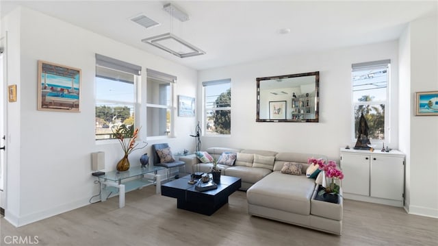 living room with plenty of natural light and light wood-type flooring