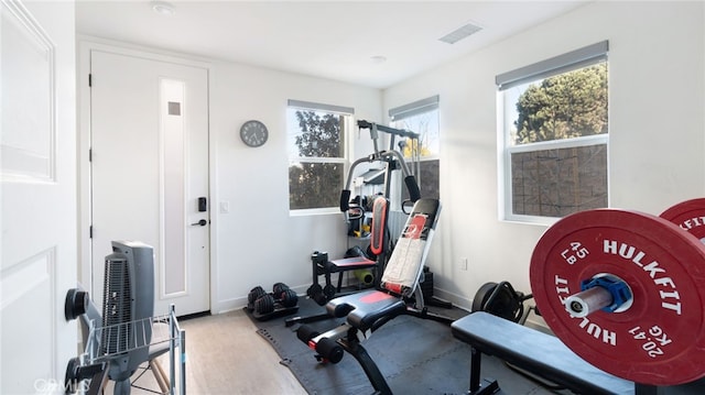 workout room with plenty of natural light and light hardwood / wood-style flooring