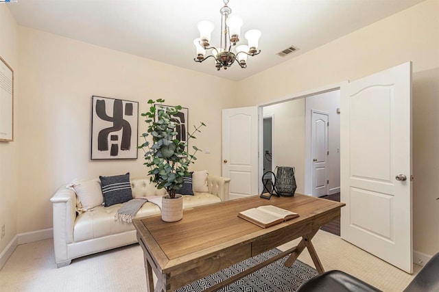 office area featuring a notable chandelier