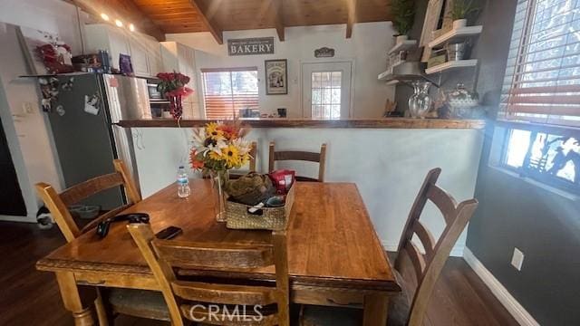 dining space featuring hardwood / wood-style floors, lofted ceiling with beams, and wooden ceiling