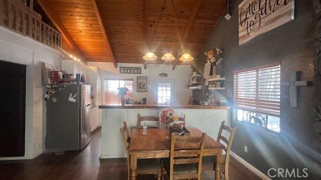 dining space with dark hardwood / wood-style flooring, lofted ceiling with beams, and wooden ceiling