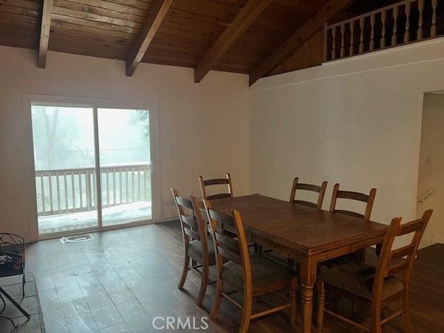 dining space with lofted ceiling with beams, wood finished floors, and wood ceiling