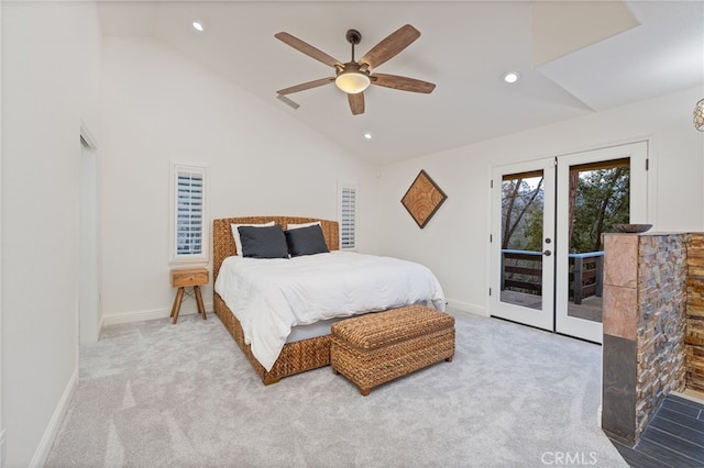 bedroom featuring french doors, high vaulted ceiling, access to outside, ceiling fan, and light colored carpet