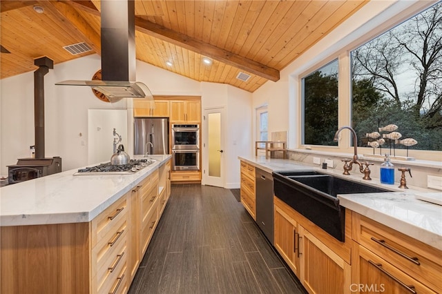 kitchen featuring sink, dark wood-type flooring, appliances with stainless steel finishes, a kitchen island, and a wood stove