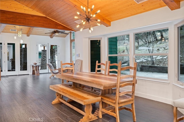 dining area featuring wood ceiling, dark hardwood / wood-style flooring, an inviting chandelier, and vaulted ceiling with beams