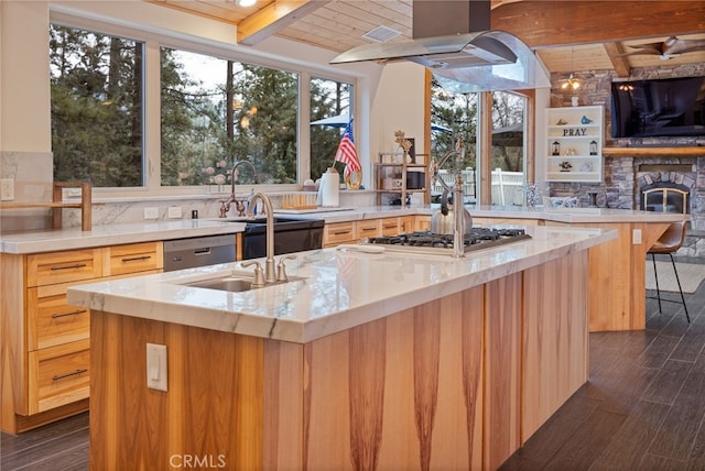 kitchen featuring dark hardwood / wood-style flooring, an island with sink, and appliances with stainless steel finishes