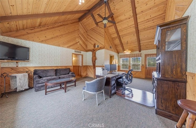 living room featuring carpet floors, wood walls, wooden ceiling, ceiling fan, and lofted ceiling with beams