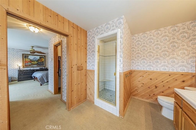 bathroom featuring toilet, a shower with door, and vanity