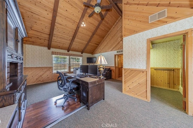 carpeted home office featuring beam ceiling, wood walls, wooden ceiling, ceiling fan, and high vaulted ceiling