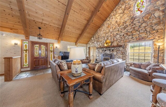 living room featuring beamed ceiling, wood ceiling, high vaulted ceiling, and light carpet