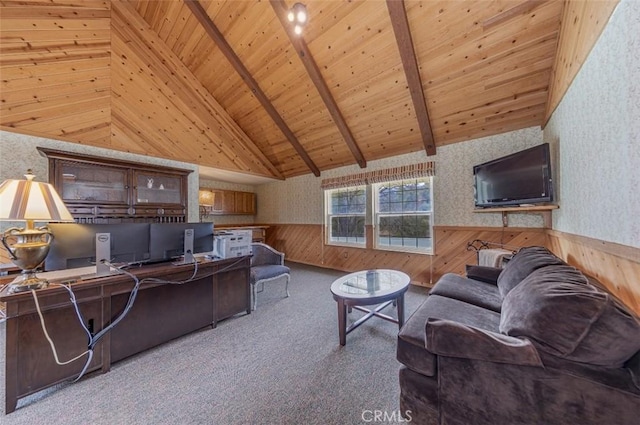 living room featuring carpet floors, wooden ceiling, high vaulted ceiling, beamed ceiling, and wooden walls