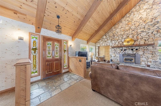 foyer featuring high vaulted ceiling, beamed ceiling, and wooden ceiling