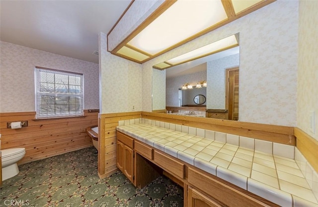 bathroom featuring toilet, wooden walls, and vanity