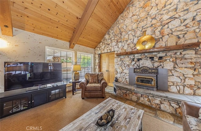 living room featuring high vaulted ceiling, wooden ceiling, carpet floors, and beam ceiling