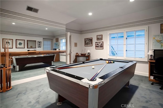 game room featuring crown molding, carpet floors, and billiards