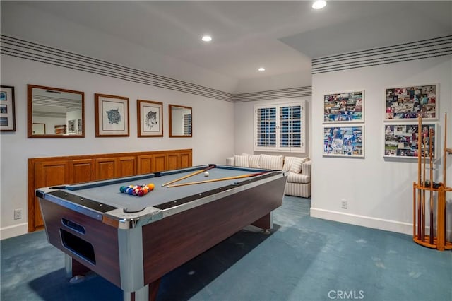 recreation room with billiards and dark colored carpet