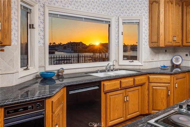 kitchen with dark stone countertops, sink, tasteful backsplash, and dishwasher