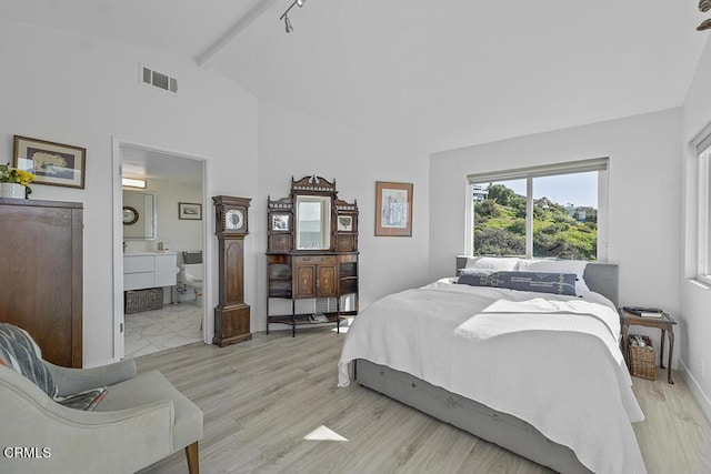 542 San Clemente Way, Camarillo, CA 93010 - bedroom featuring beam ceiling, ensuite bath, light wood-type flooring, and high vaulted ceiling
