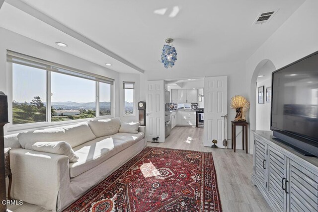 542 San Clemente Way, Camarillo, CA 93010 - living area with arched walkways, healthy amount of natural light, light wood-style flooring, and recessed lighting