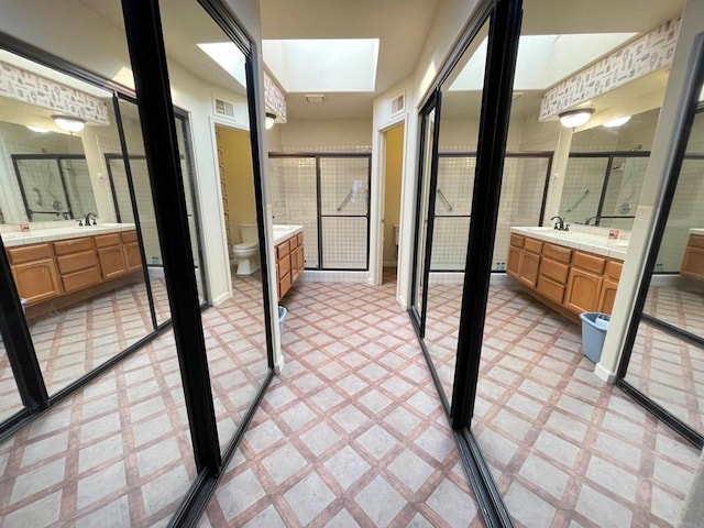 interior space with vanity, toilet, and a skylight