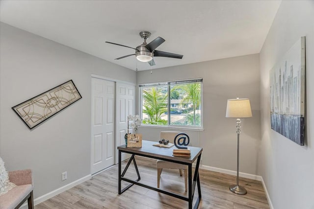 office space with ceiling fan and light wood-type flooring