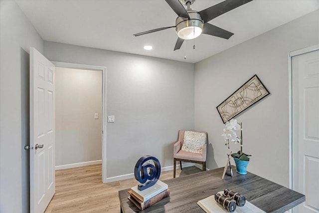 living area with ceiling fan and light hardwood / wood-style flooring