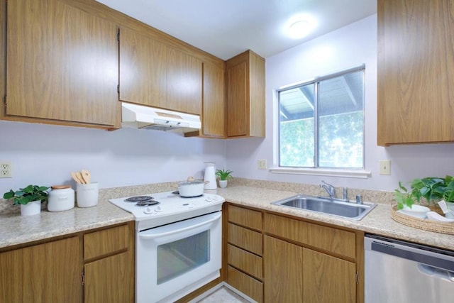 kitchen featuring white electric range oven, dishwasher, and sink