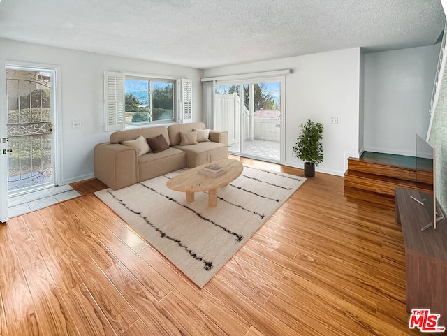 living room featuring a textured ceiling and light hardwood / wood-style flooring