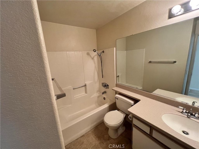 full bathroom with tile patterned flooring, vanity, toilet, and washtub / shower combination