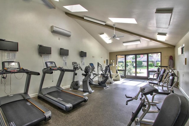 gym featuring lofted ceiling, a wall unit AC, and ceiling fan