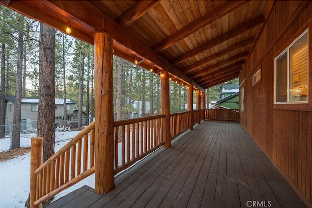 view of snow covered deck