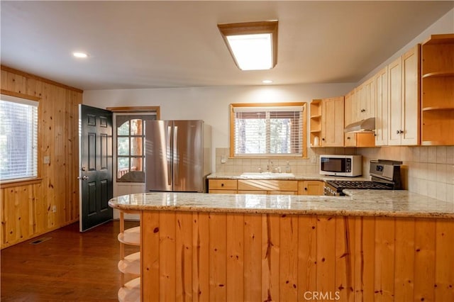 kitchen featuring stainless steel appliances, kitchen peninsula, sink, and decorative backsplash