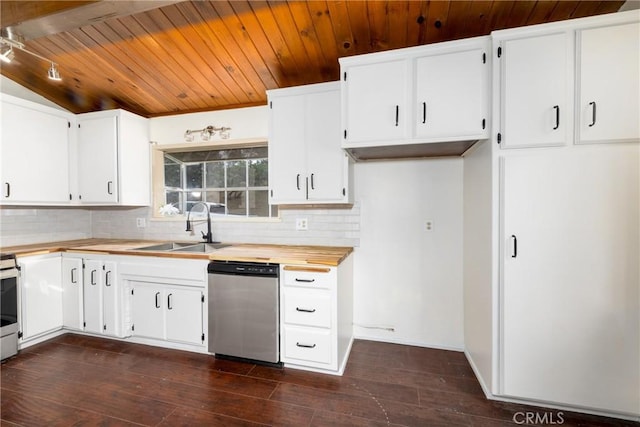 kitchen with a sink, tasteful backsplash, stainless steel dishwasher, wooden ceiling, and dark wood-style flooring