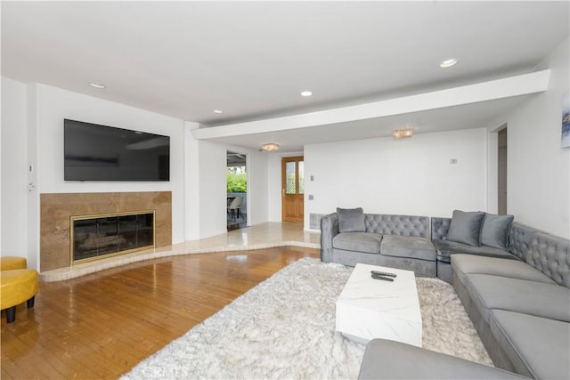 living room with hardwood / wood-style flooring and a high end fireplace