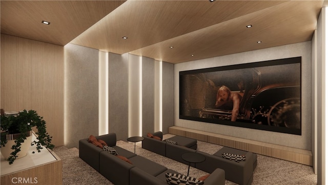 carpeted home theater with wooden ceiling