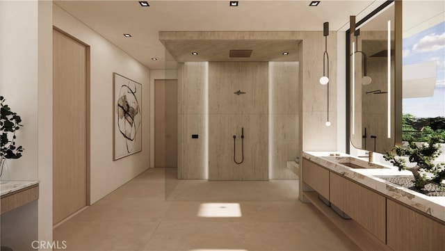 bathroom featuring walk in shower, tile patterned floors, and vanity