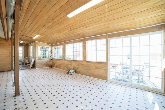 interior space featuring wood ceiling, vaulted ceiling, and wooden walls