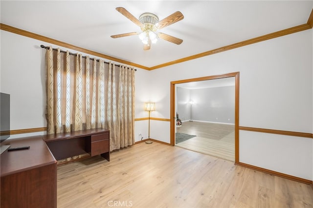 office area featuring ornamental molding, ceiling fan, and light hardwood / wood-style floors