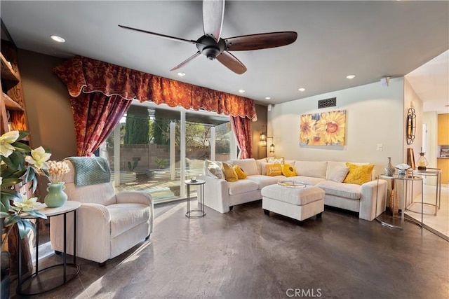 living room featuring ceiling fan