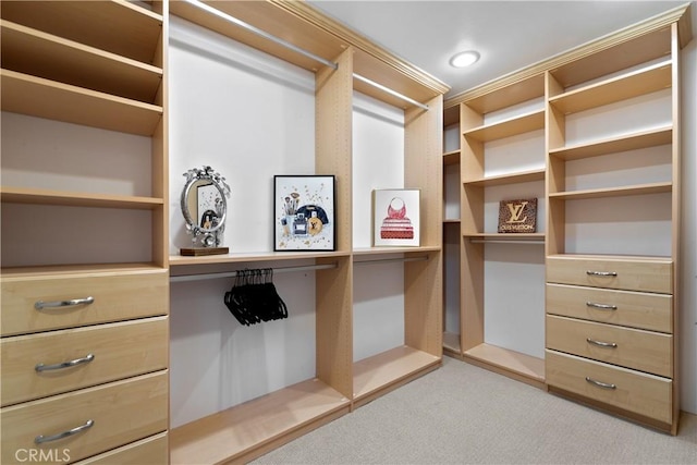 spacious closet featuring built in desk and light colored carpet