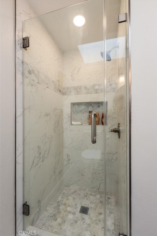 bathroom featuring a shower with shower door