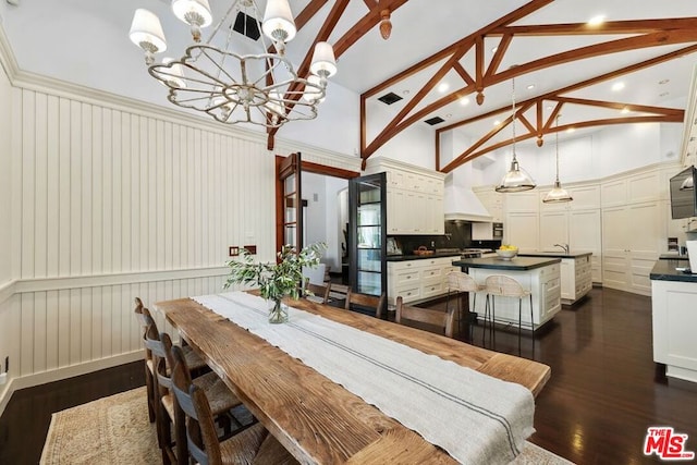 dining space with beam ceiling, high vaulted ceiling, dark hardwood / wood-style floors, and an inviting chandelier