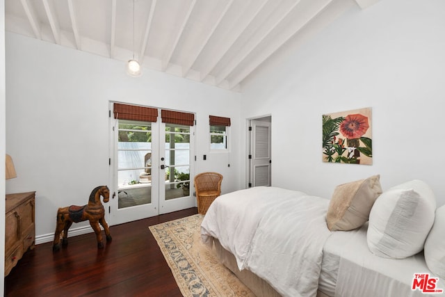 bedroom with french doors, access to exterior, dark hardwood / wood-style flooring, and lofted ceiling with beams