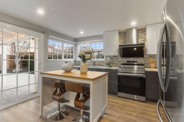 kitchen featuring white cabinets, decorative backsplash, stainless steel appliances, light wood-type flooring, and wall chimney exhaust hood