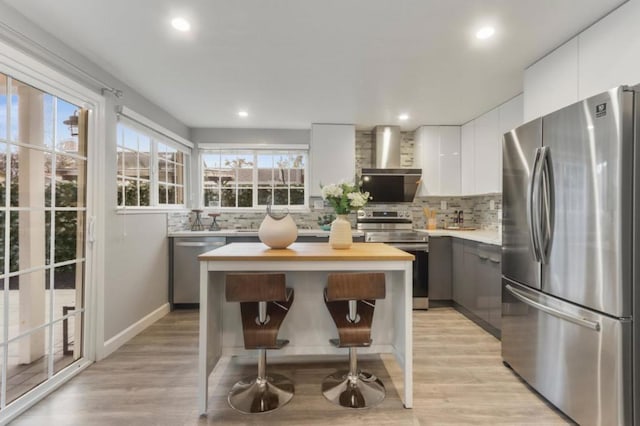 kitchen with stainless steel appliances, wall chimney range hood, white cabinets, and decorative backsplash