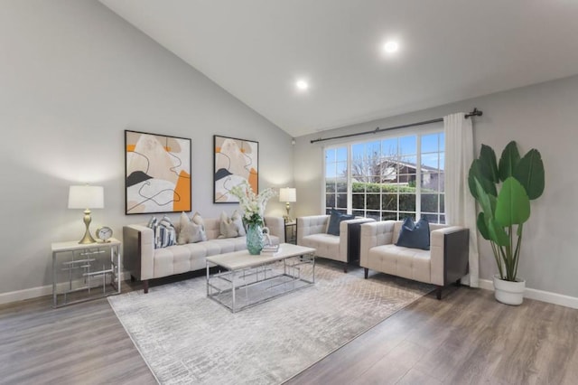 living room featuring hardwood / wood-style flooring and high vaulted ceiling