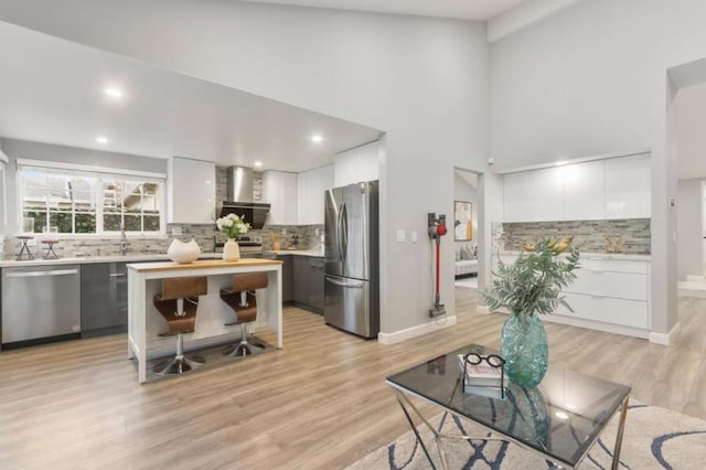 kitchen with tasteful backsplash, white cabinetry, stainless steel appliances, light wood-type flooring, and wall chimney exhaust hood