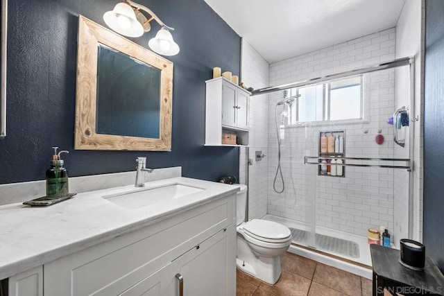 bathroom with walk in shower, tile patterned floors, vanity, and toilet