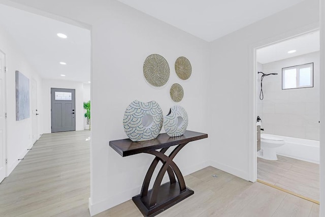 hallway featuring a wealth of natural light and light hardwood / wood-style floors